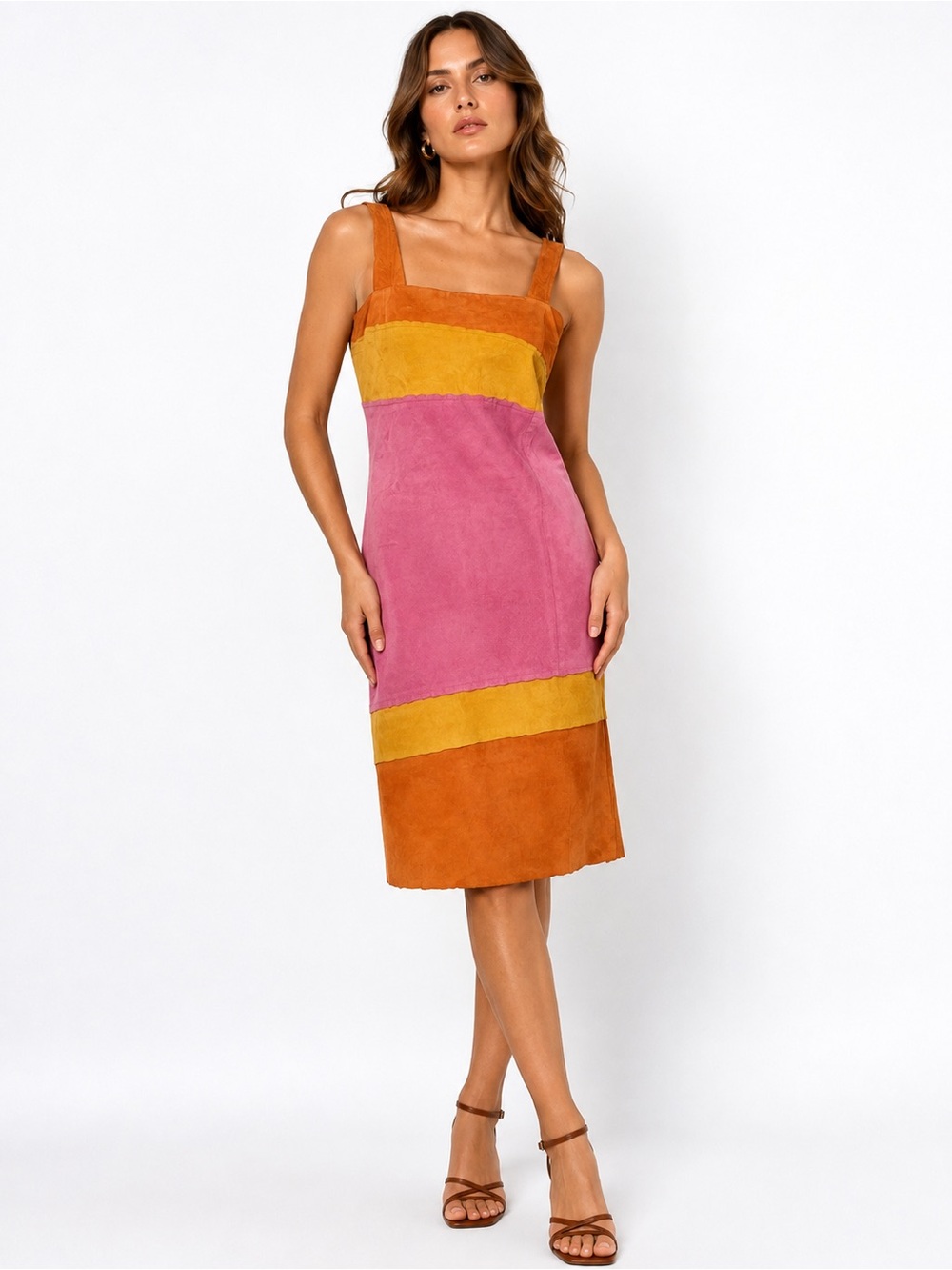 rare ROMEO GIGLI Vintage 100% Leather Color-block dress IT 42 Suede Hipster
